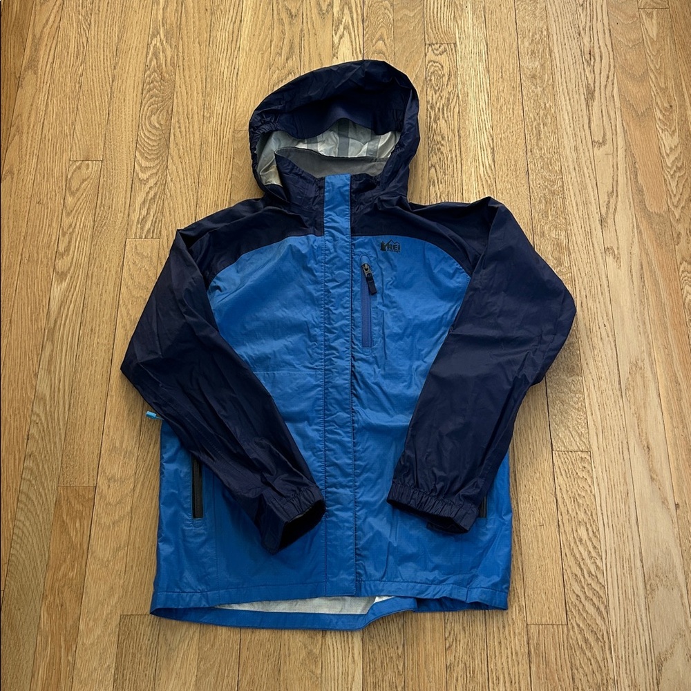 REI COOP Two-Tone Blue Hooded rain Jacket size large (14-16) - Picture 2 of 12